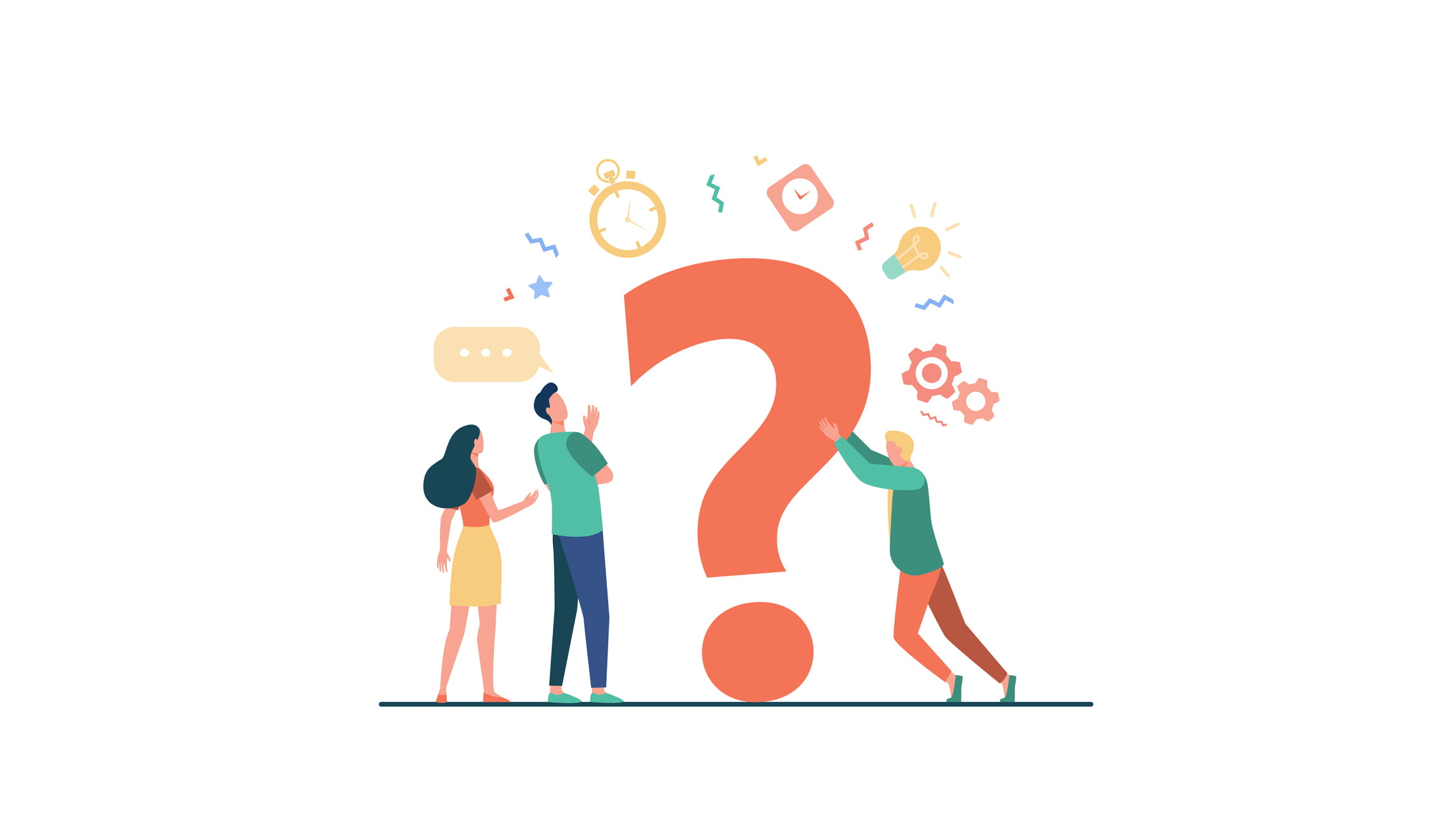 Three figures or people holding up and looking at a big question mark symbol