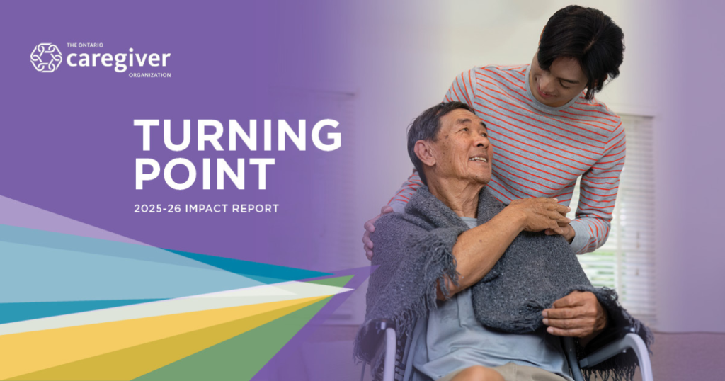 OCO Impact Report Cover featuring an elderly man being cared for by a family member. He is sitting with a towel wrapped around his shoulder and his family member has their hand on his shoulder.